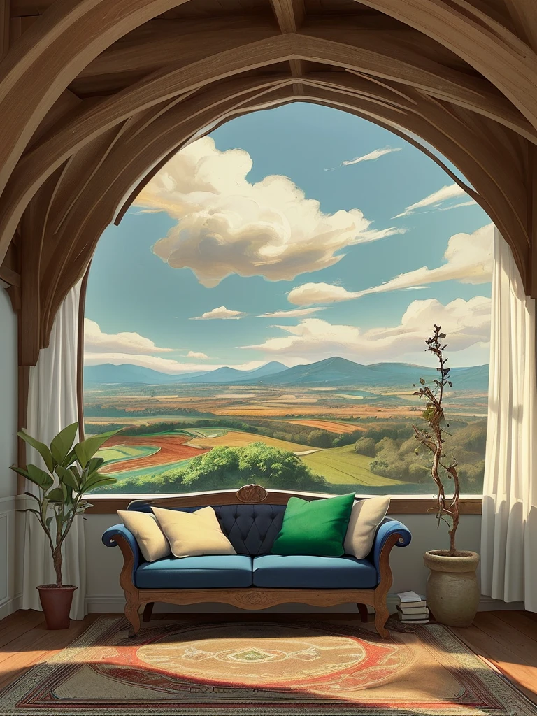 Draw medieval scene of mountin facing green stone bedroom, lot of plants, tomes, sofa, blue sky, beautiful sunny day, aesthetically beautiful, rugsack, earthy colors, cozy space, carpet, vibrant saturated colors, beautiful color palette, masterpiece, calm, peaceful, no human, cloudy sky, lofty view