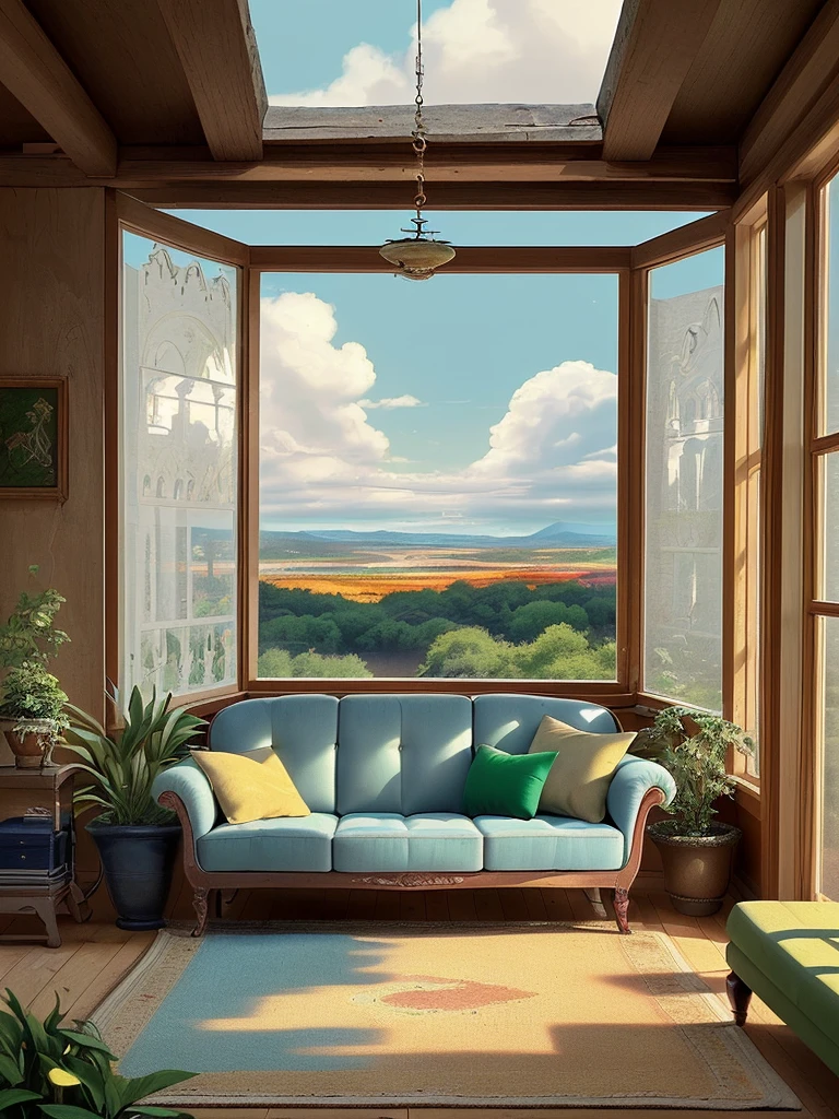 Draw medieval scene of mountin facing green stone bedroom, lot of plants, tomes, sofa, blue sky, beautiful sunny day, aesthetically beautiful, rugsack, earthy colors, cozy space, carpet, vibrant saturated colors, beautiful color palette, masterpiece, calm, peaceful, no human, cloudy sky, lofty view
