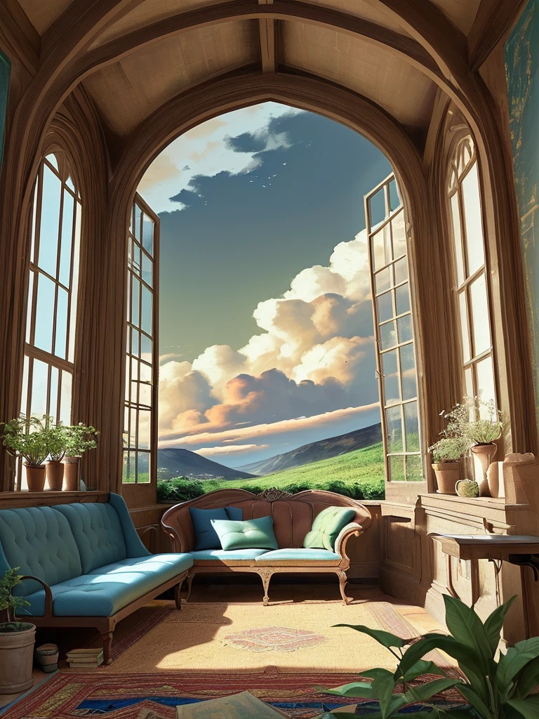 Draw medieval scene of mountin facing green stone bedroom, lot of plants, tomes, sofa, blue sky, beautiful sunny day, aesthetically beautiful, rugsack, earthy colors, cozy space, carpet, vibrant saturated colors, beautiful color palette, masterpiece, calm, peaceful, no human, cloudy sky, lofty view