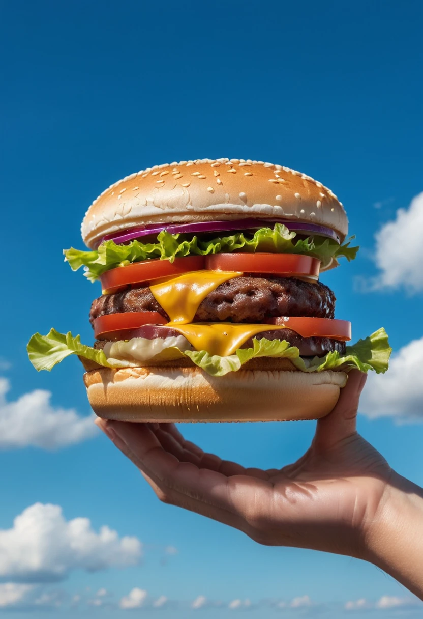 macro photography, 1 hand holding a burger flying in the blue sky, aesthetic product photography, natural light, super details, high quality, High-definition, product commercial photography, clear, Fuji camera telephoto lens