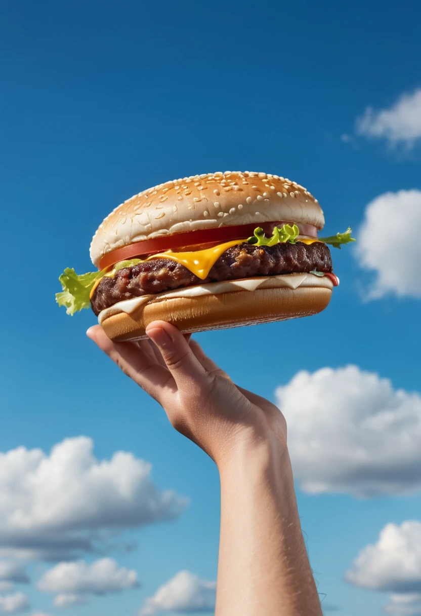 macro photography, 1 hand holding a burger flying in the blue sky, aesthetic product photography,  natural light, super details, high quality, High-definition, product commercial photography, clear, Fuji camera telephoto lens