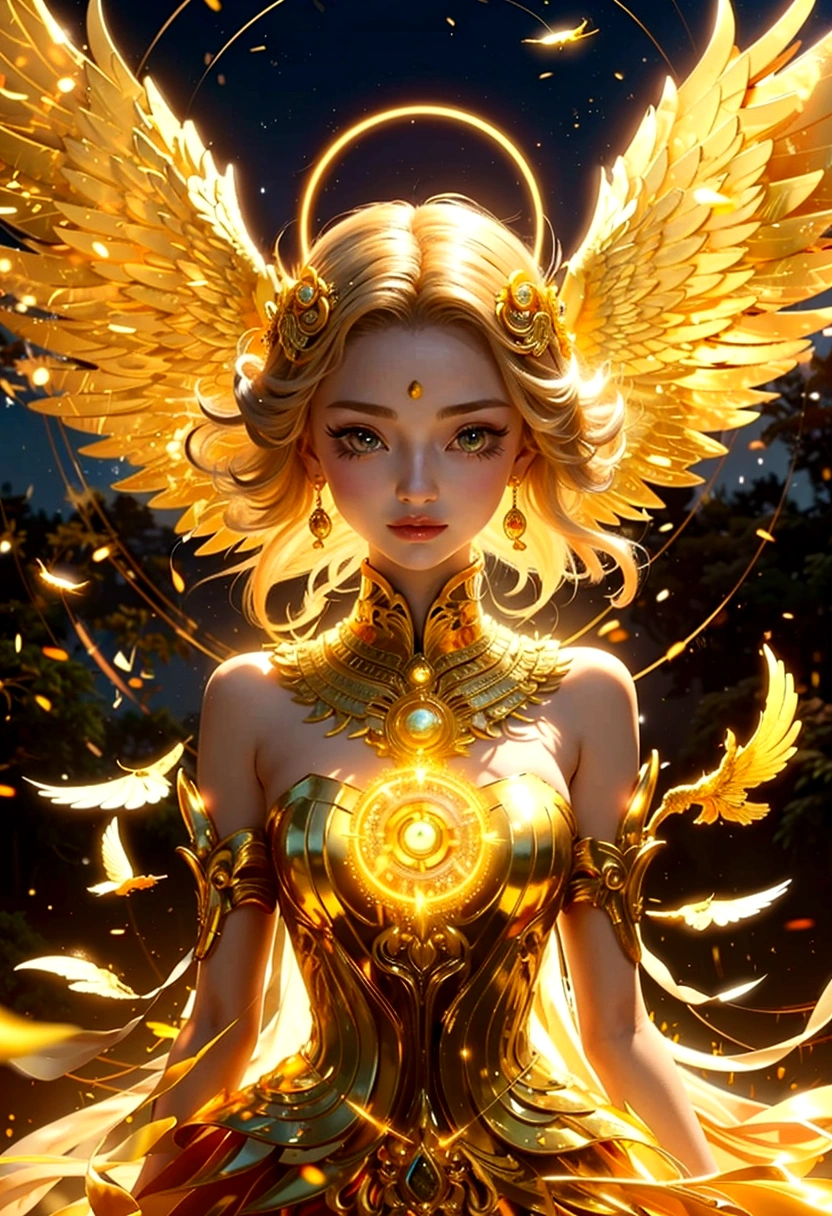 Woman with golden wings and a golden halo, Golden Armor of an Angel, Complex and gorgeous anime CGI style, With flaming golden wings, Goddess of Light, Shining golden aura, Anime Goddess, Detailed fantasy digital art, 8k high quality detailed art, Beautiful Fantasy Empress, 2. 5d cgi anime fantasy artwork, Golden Goddess Athena, Fantasy art style, epic Fantasy art style hd