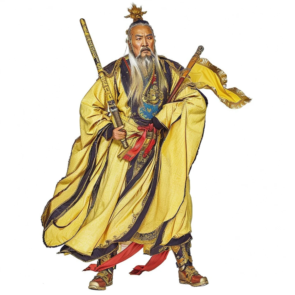 an ancient old chinese man in a yellow robe holding a metal whip, guan yu, taoist priest, daoist, taoist master, a commander flag, white long beard