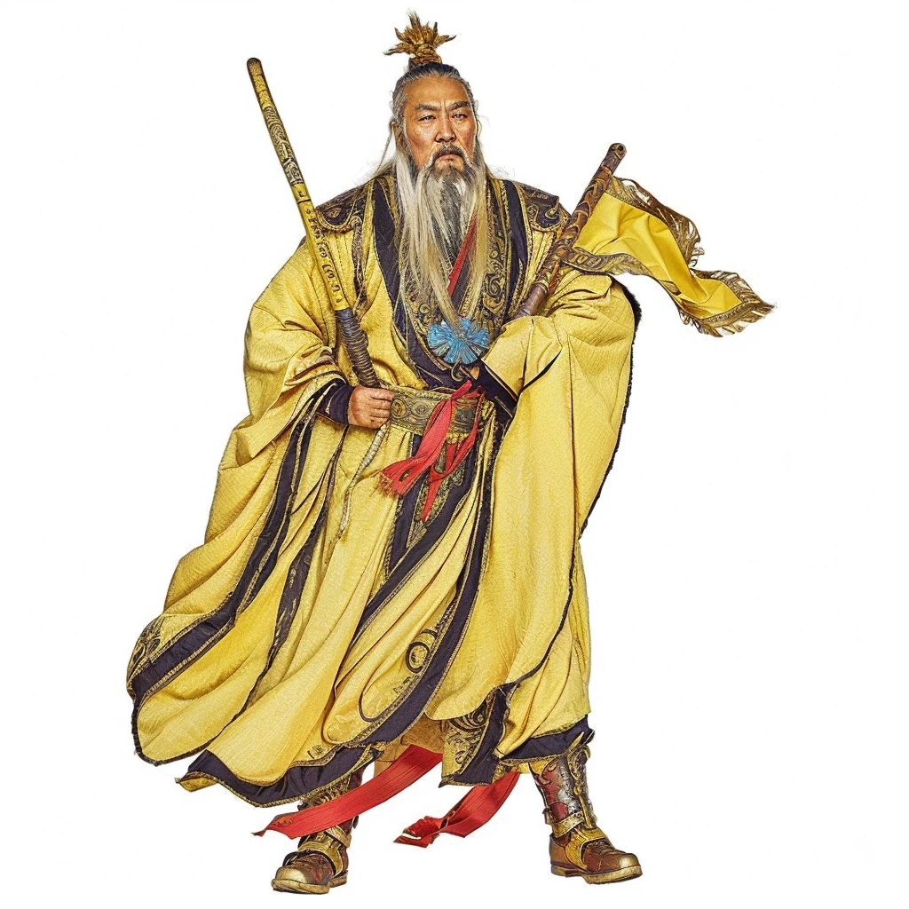 an ancient old chinese man in a yellow robe holding a metal whip, guan yu, taoist priest, daoist, taoist master, a commander flag, white long beard