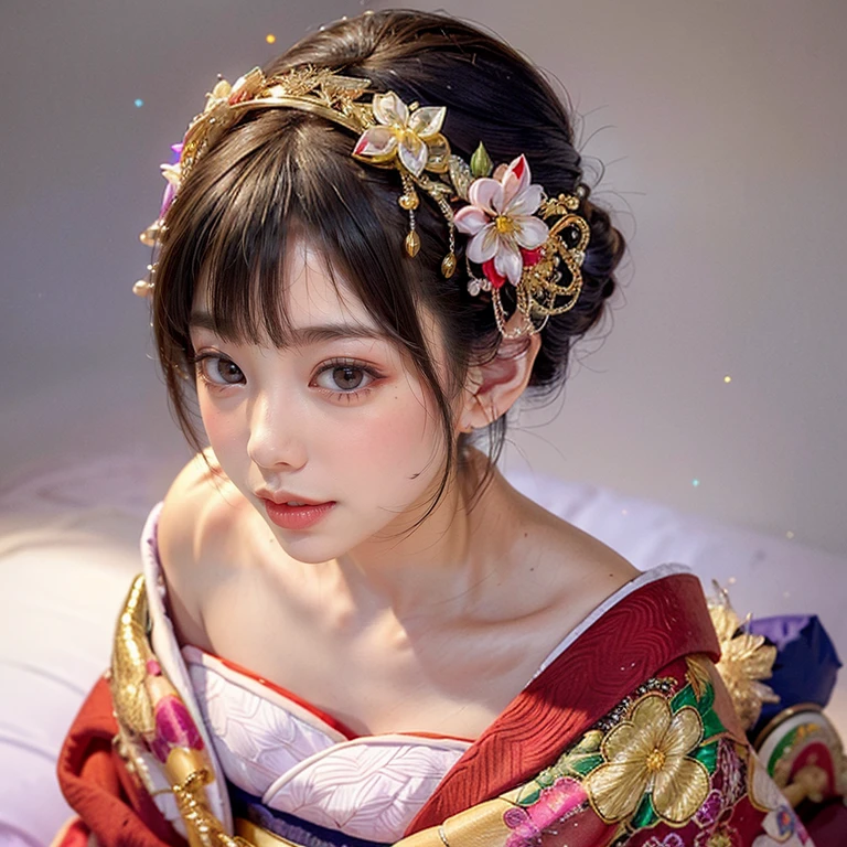 (PUNIPUNI clavicle KIMONO ((offshoulder)) KANZASHI FlowerHairpins Topknot TwinBun Oiran-Hair)High-level, 8K Masterpiece TopQuality, Ultra-detailed CG, Absurd detailed wallpaper, PerfectLighting, Extremely detailed (((Personifying " OIRAN " as a KAWAII Girl))), Characteristic Items, aesthetic LifeLike Rendering, MysticSight, Haze Tyndall Scattering, (Studio GRAY Background with (Oodles Dazzling Iridescent 🌈Particles (BokeH))), (((????????)) RoundlyButt) ThighGap, (Exposed:0.44) 🔞 BREAK (Acutance:0.8), (NOGIZAKA FaceVariations) Extremely Detailed very KAWAII FaceVariations, Childish CaptivatingGaze ElaboratePupils ParfectEyes with (SparklingHighlights:1.28), (Voluminous LongEyelashes:0.88), 💄💋✨ GlossyRedLips with BeautifulDetails, CoquettishTongue, PUNIPUNI RosyCheeks, Radiant PearlSkin with Transparency, Glowing DowneyHair . { (Dynamic LifeLike expressions:1.4) | (:d) }, (large eyes:-1) .
