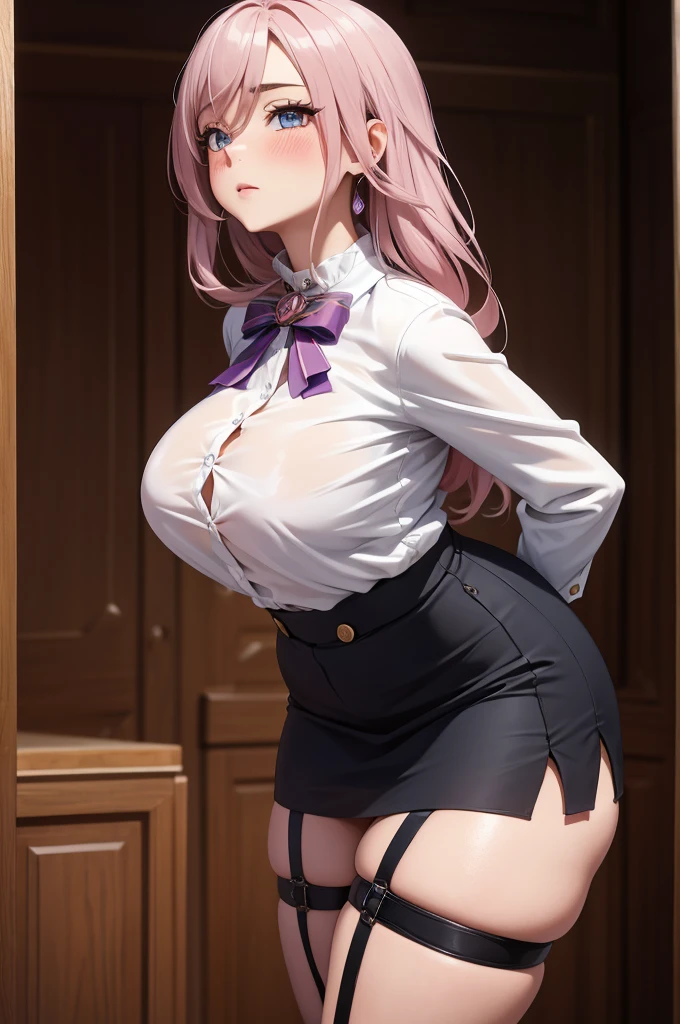 (masterpiece, best quality, ultra detailed), ((blush all over face)), (detailed background: 1.2), (perfect face, detailed face), looking at viewer, (mature woman: 1.4), thick thighs, 1girl, alone, clorinde, long hair, short blouse, hair between eyes, short skirt, miniskirt, thigh strap, white blouse (bedroom, standing, arms behind her back , leaning forward),