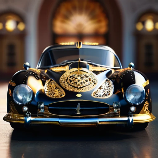 angelic mythical black-golden racing car, with a glowing intricate transparent body. symmetrical hyperdetailed texture, pearl filigree, concept art, artstation, perfect composition, masterpiece, glittering professional photography, macro, natural lighting, canon lens, shot on dslr 64 megapixels sharp focus ethereal, Hyperrealistic, splash art, concept art, mid shot, intricately detailed, color depth, dramatic, side light, colorful background, depth of field.