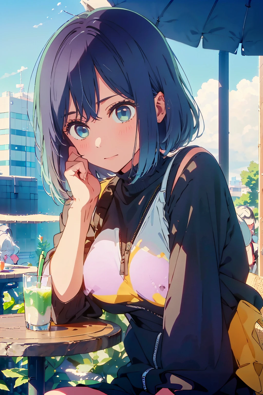(Highest quality:1.4、8K:1.4、detailed)、F cup bust、Big Breasts、Slim body、Very white beautiful skin、((((1 person、Surprised expression、sit、Chair、In the background are the urban buildings of Tokyo、looking at the camera、Outdoor café terrace、Navy hair color、juice、table、Very cute face))))、((((nude、Areola))))、(Pose with hair tucked behind ears with both hands:1.4、Cheek resting on hand:1.4)、(Off-the-shoulder black blouson with zipper)、(Nipples)、Very blue sky、A completely cloudless sky