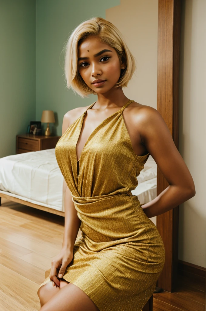 8k, RAW photo, Fujifilm, style photo of a beautiful young mallu realistic woman in a room(highly detailed skin: 1.2) Style-Petal BREAK short hair, blonde hair with colored locks, wearing a dress, film granulation, 35mm, cute style