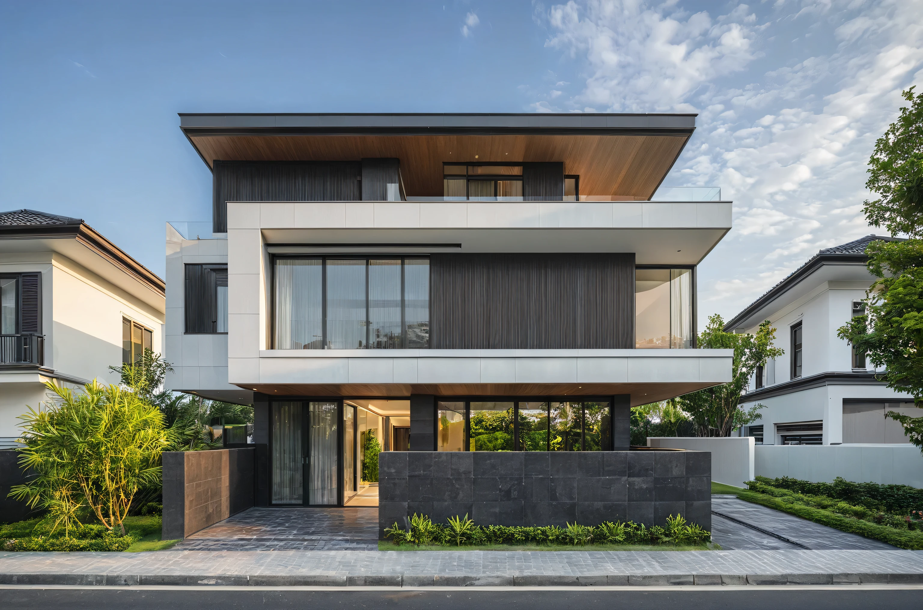 modern villa on street, (daylight), tropical tree, (slope roof, black tiled roof:1.2), vivid color, streetcapes, nice sky, grey tone, large glass door, warm interior lighting, modern material, best quality, ultra realistic, masterpiece, 17ArchiAI_XL_VL-v1
