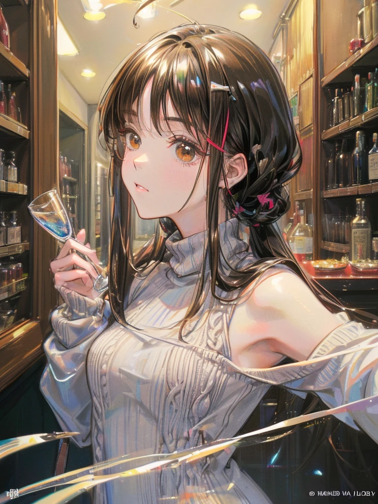 (Very detailed figure), masterpiece, (Very detailed), 詳細品質Highest quality, (Very detailed: 1. 1), Very detailed light reflection, Harmony, Very detailed background, Very detailed, High resolution, production Official Art, Very detailed, figure, Novel cover, Shiny skin, Best Shadow, Beautiful Face (Highest quality), (masterpiece), (Very detailed), (in Shoulder strap), ((liquor)), Old store, Shoulder strap, liquor bottle, Chalk, Official Art, Beautiful girl, (18-year-old), counter, (Beautiful Face), (Black Hair: 1. 3), (loosely curled hair: 1.1), Long Hair, liquor, snack, Mouth closed, (Brown eyes), ( (Narrow eyes: 1. 2), Eye highlights, Medium Chest, (bar), Model pose, indoor, (Dim lighting: 1. 2), (Long Shot: 1. 1), Dynamic Angle, break (Loosely knitted sweater), 、In a completely different expression
