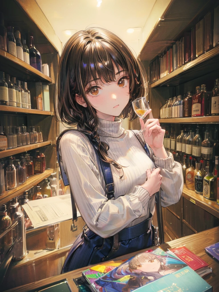 (Very detailed figure), masterpiece, (Very detailed), 詳細品質Highest quality, (Very detailed: 1. 1), Very detailed light reflection, Harmony, Very detailed background, Very detailed, High resolution, production Official Art, Very detailed, figure, Novel cover, Shiny skin, Best Shadow, Beautiful Face (Highest quality), (masterpiece), (Very detailed), (in Shoulder strap), ((liquor)), Old store, Shoulder strap, liquor bottle, Chalk, Official Art, Beautiful girl, (18-year-old), counter, (Beautiful Face), (Black Hair: 1. 3), (loosely curled hair: 1.1), Long Hair, liquor, snack, Mouth closed, (Brown eyes), ( (Narrow eyes: 1. 2), Eye highlights, Medium Chest, (bar), Model pose, indoor, (Dim lighting: 1. 2), (Long Shot: 1. 1), Dynamic Angle, break (Loosely knitted sweater), 、In a completely different expression