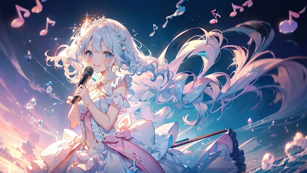(Highest quality, masterpiece, Very detailedな, Very detailed, Exquisite, 16K,Full HD),Whole body,Dramatic lighting,pastel colour,Soft lighting,Laughter,bubble,Underwater,(Ocean),( floating Underwater,pastel colourの珊瑚礁),((alone:1.5)),((swim,looks happy,smile)),(((sing:1.5))),(pastel colourの水色のマーメイドドレス:1.4,Frills,Race,Silver,Pearl,),( Long eyelashes,White skin,slim,pale pink plump lips,Pale pink cheeks, The wind is blowing,,Fluffy hair,thin and long,(thin and high nose,Small Nose),Pearl tiara,Pearlのイヤリング,Pearlのイヤリング,Pearlチョーカー, (Fantasy, Romantic atmosphere),