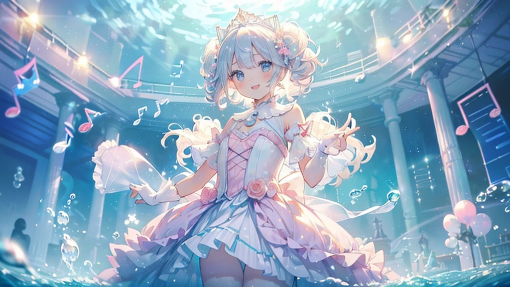 (Highest quality, masterpiece, Very detailedな, Very detailed, Exquisite, 16K,Full HD),Whole body,Dramatic lighting,pastel colour,Soft lighting,Laughter,bubble,Underwater,(Ocean),( floating Underwater,pastel colourの珊瑚礁),((alone:1.5)),((swim,looks happy,smile)),(((sing:1.5))),(pastel colourの水色のマーメイドドレス:1.4,Frills,Race,Silver,Pearl,),( Long eyelashes,White skin,slim,pale pink plump lips,Pale pink cheeks, The wind is blowing,,Fluffy hair,thin and long,(thin and high nose,Small Nose),Pearl tiara,Pearlのイヤリング,Pearlのイヤリング,Pearlチョーカー, (Fantasy, Romantic atmosphere),