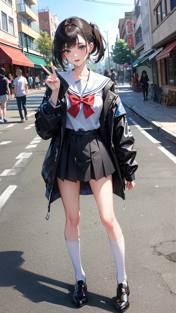 A high school girl shows off her pussy to passersby。She&#39;s big too、A used condom is on his belt