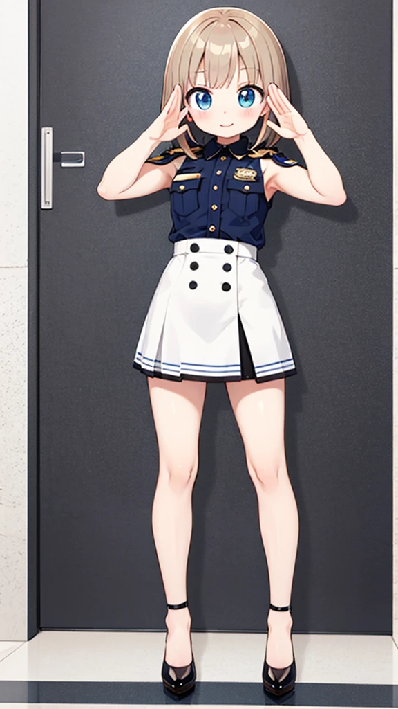 One female、Miniskirt Police、High heels、Enamel costume、salute、front、View here