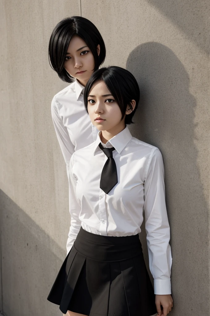 Boku no hero academia, Woman with short black straight hair , White skin, with VERY slanted light brown eyes , with sad look looking down. With a tight and short black skirt with a white dress shirt 