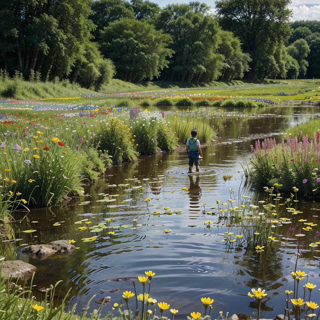 Pipo ventures beyond the familiar pond, crossing a stream into a wildflower-filled field. He experiences a sense of freedom and adventure, unaware of the dangers that lie ahead."
Key elements: Stream crossing, wildflowers, sense of freedom and adventure.