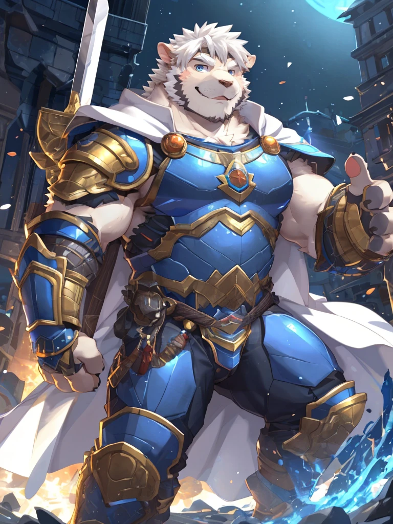 anthro, kemono, male, solo, ((long oval face, very handsome face, thick sideburns)), ((ectomorph body type, old-aged)), (high quality, highres, masterpiece), (dynamic lighting, vivid color), (generous smile), cartoon, (((a furry sheep))), (((white fur))), (((shoulder long silky white hair))), (((handsome, slim fit, small face, ikemen))), paladin, (((white sheep))), ((dark blue armor with white cape)), full body, (((tall))), (((white smooth hair))), sword and shield, mature, dad, golden armor, by zixiong, by takemoto arashi, by zixiong, (by null-ghost:0.8), (by t.y.stars:0.4)