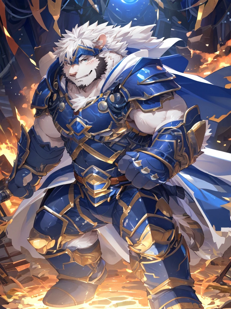 anthro, kemono, male, solo, ((long oval face, very handsome face, thick sideburns)), ((ectomorph body type, old-aged)), (high quality, highres, masterpiece), (dynamic lighting, vivid color), (generous smile), cartoon, (((a furry sheep))), (((white fur))), (((shoulder long silky white hair))), (((handsome, slim fit, small face, ikemen))), paladin, (((white sheep))), ((dark blue armor with white cape)), full body, (((tall))), (((white smooth hair))), sword and shield, mature, dad, golden armor, by zixiong, by takemoto arashi, by zixiong, (by null-ghost:0.8), (by t.y.stars:0.4)