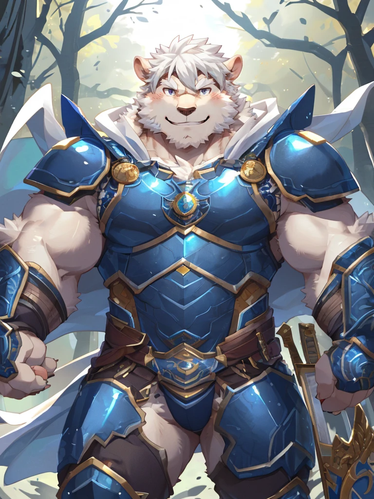 anthro, kemono, male, solo, ((long oval face, very handsome face, thick sideburns)), ((ectomorph body type, old-aged)), (high quality, highres, masterpiece), (dynamic lighting, vivid color), (generous smile), cartoon, (((a furry sheep))), (((white fur))), (((shoulder long silky white hair))), (((handsome, slim fit, small face, ikemen))), paladin, (((white sheep))), ((dark blue armor with white cape)), full body, (((tall))), (((white smooth hair))), sword and shield, mature, dad, golden armor, by zixiong, by takemoto arashi, by zixiong, (by null-ghost:0.8), (by t.y.stars:0.4)