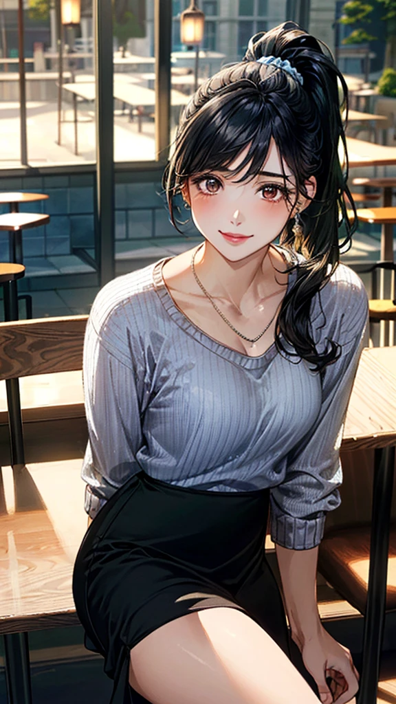 (masterpiece:1.3, Highest quality, Ultra-high resolution, Super detailed), (Realistic, photoRealistic:1.4), Beautiful illustrations, Perfect lighting, Natural light, colorful, Depth of written boundary, 
Beautiful detailed hair, Beautifully detailed face, Beautiful attention to detail, Beautiful clavicle, Beautiful body, Beautiful breasts, Beautiful thighs, Beautiful feet, Beautiful fingers, Shiny skin, 
View your viewers, 1 Girl, Japanese, 30 years old, (Perfect Anatomy, Anatomically correct, Highly detailed skin), Cute and symmetrical face, Baby Face, Perfect Face, Perfect Eyes, thin, 
(Black Hair、ponytail:1.4), bangs, Brown eyes, Droopy eyes, Long eyelashes, (Medium chest、thin体), 
(Light Blue Sweater:1.3), Strappy high heels, ((Long skirt:1.5)), belt, Wrist Chakra, necklace, Bear neck, 
(Beautiful views), evening, (Cafe:1.5), Chair, (Drinking coffee), (Cute smile, Part your lips),