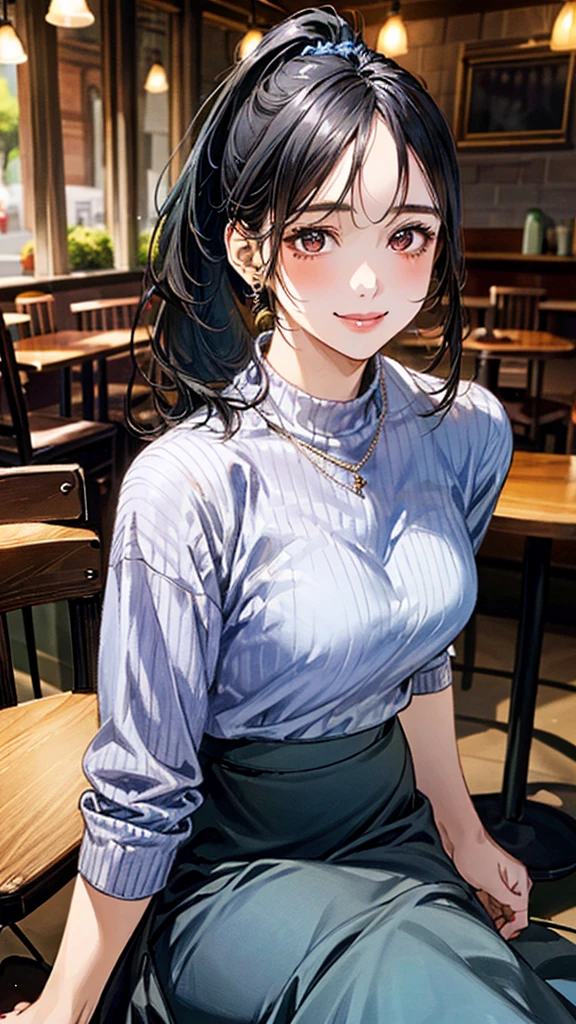 (masterpiece:1.3, Highest quality, Ultra-high resolution, Super detailed), (Realistic, photoRealistic:1.4), Beautiful illustrations, Perfect lighting, Natural light, colorful, Depth of written boundary, 
Beautiful detailed hair, Beautifully detailed face, Beautiful attention to detail, Beautiful clavicle, Beautiful body, Beautiful breasts, Beautiful thighs, Beautiful feet, Beautiful fingers, Shiny skin, 
View your viewers, 1 Girl, Japanese, 30 years old, (Perfect Anatomy, Anatomically correct, Highly detailed skin), Cute and symmetrical face, Baby Face, Perfect Face, Perfect Eyes, thin, 
(Black Hair、ponytail:1.4), bangs, Brown eyes, Droopy eyes, Long eyelashes, (Medium chest、thin体), 
(Light Blue Sweater:1.3), Strappy high heels, ((Long skirt:1.5)), belt, Wrist Chakra, necklace, Bear neck, 
(Beautiful views), evening, (Cafe:1.5), Chair, (Drinking coffee), (Cute smile, Part your lips),