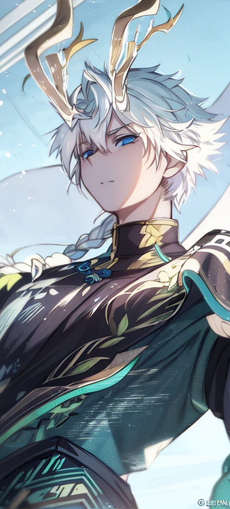 a man with horns and a blue-green dress, is standing in front of the sky, keqing do impacto genshin, zhongli do impacto genshin, torn apart, heise jinyao, inspired by Yang Jin, by Yang J, inspired by Huang Shen, g liulian art style, Extremely detailed Artgerm, blessed waters in wlop style