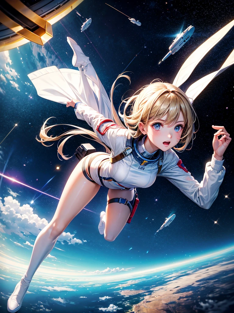 Highest quality,Highest Resolution,A beautiful android girl flying in space,Earth in the background,Equipped with cutting-edge technology,