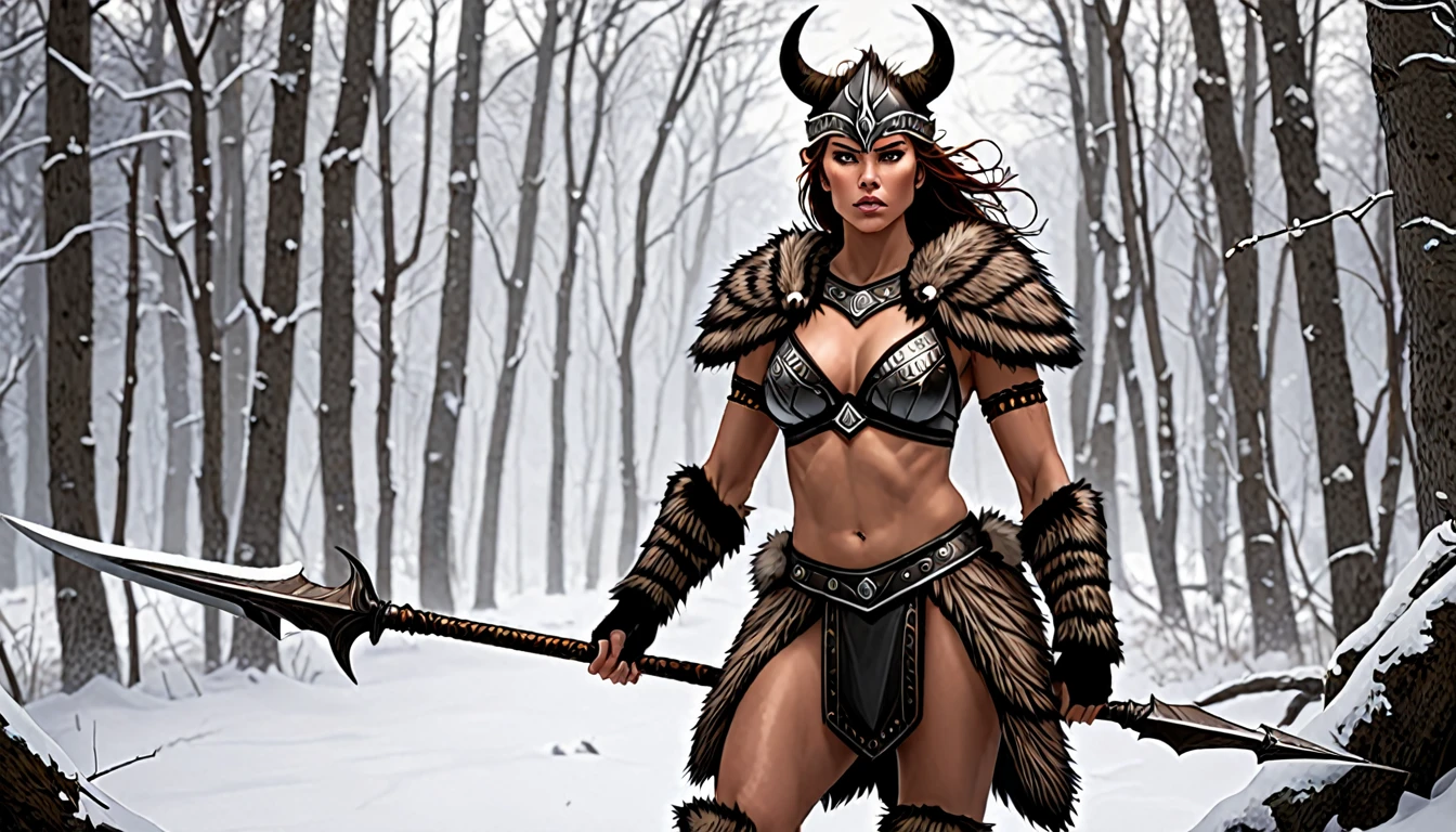 A powerful and majestic female beast-warrior. She wields a spear in her hand and wears a minimal fur outfit.