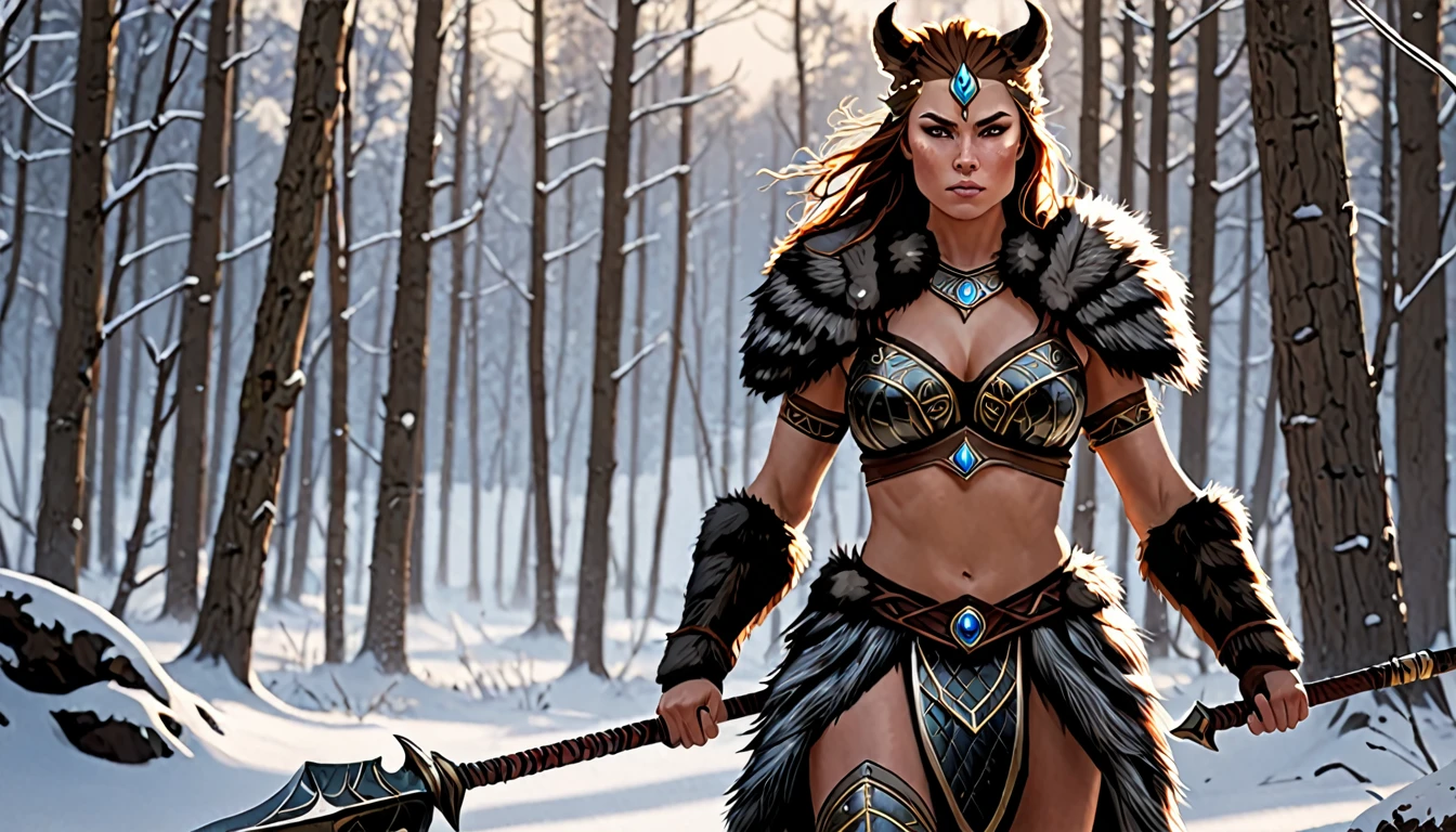 A powerful and majestic female beast-warrior. She wields a spear in her hand and wears a minimal fur outfit.