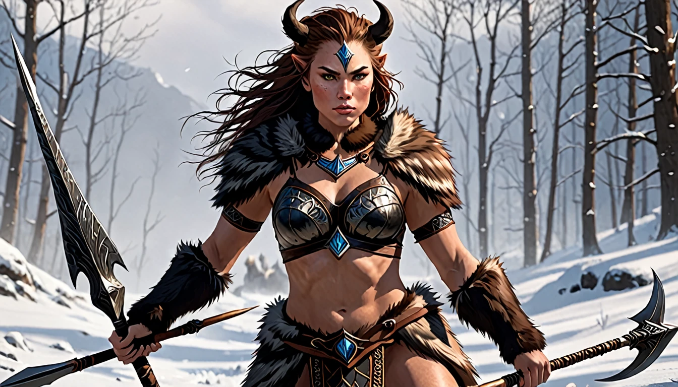 A powerful and majestic female beast-warrior. She wields a spear in her hand and wears a minimal fur outfit.