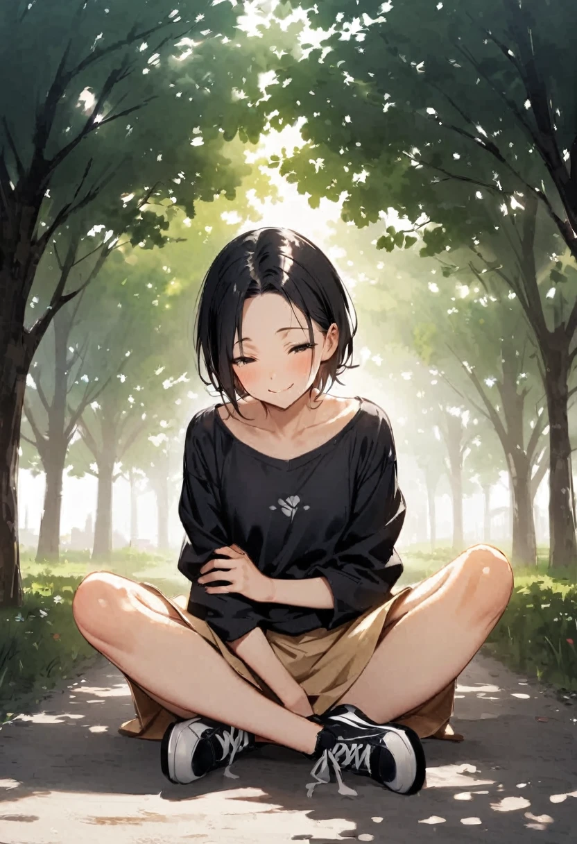 Showing nipples、Show both hands、hugging own legs、Legs２Book、(looking away:1.4)、Showing white panties、M-shaped legs、Spread your legs、Sit on the ground、In the park、Wear a 6 panel cap、Beige mini skirt、Black shirt with shoulders、Black sneakers、Girl、Girl、Younger、Baby Face、flat chest、forehead、Black Hair、Open both eyes、smile、One person、sunlight
