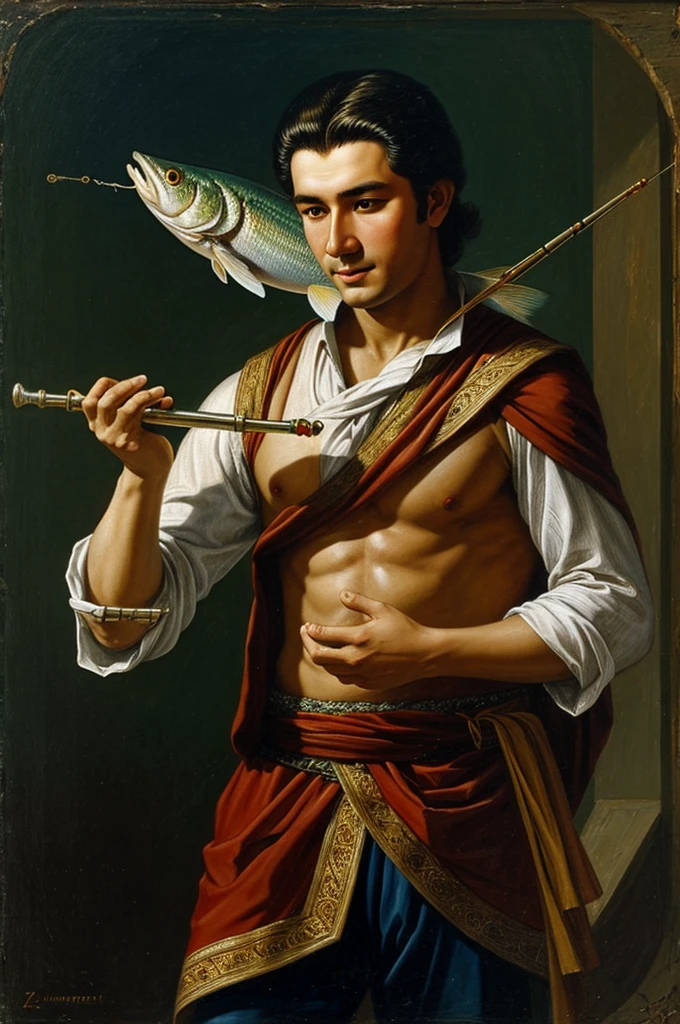 Khamzat Chimaev breaking a flute and carrying a fish on his shoulder