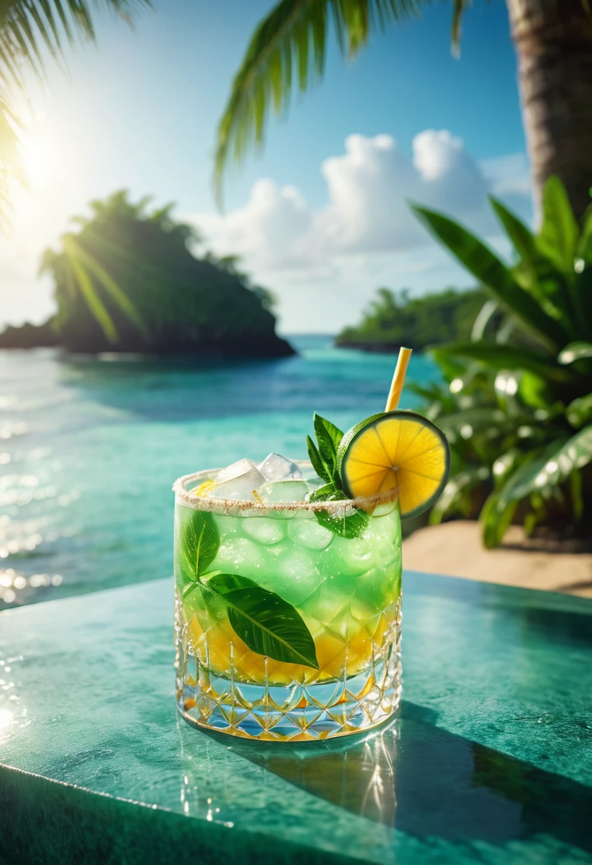 luxury cocktail in a tropical oasis, bokeh, sunlight, ocean, ice, particles, lens effects, calm, relaxing, beautiful, green, plants, tropical, cinematic, film grain, food photography, product design,
official, editorial, magazine cover, best quality, high quality, masterpiece, absurdres, highres, intricate details,