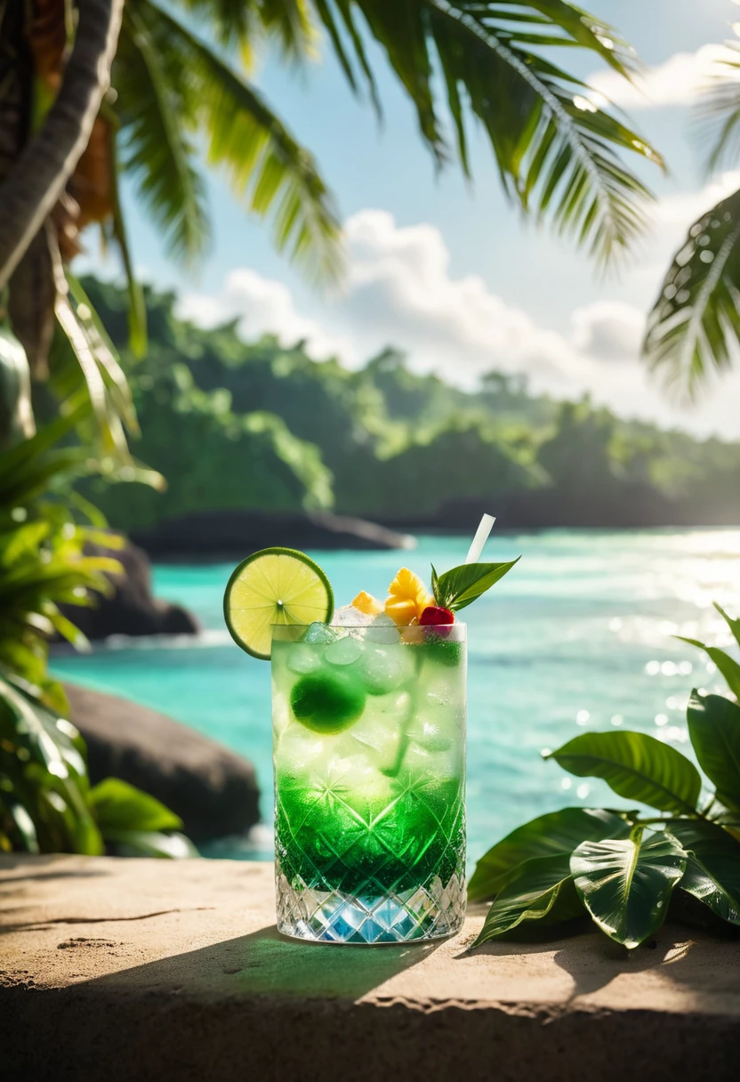 luxury cocktail in a tropical oasis, bokeh, sunlight, ocean, ice, particles, lens effects, calm, relaxing, beautiful, green, plants, tropical, cinematic, film grain, food photography, product design,
official, editorial, magazine cover, best quality, high quality, masterpiece, absurdres, highres, intricate details,