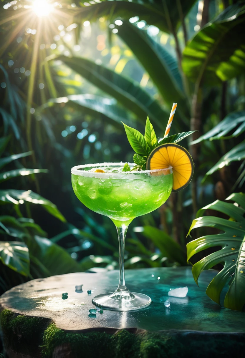 luxury cocktail in a tropical oasis, bokeh, sunlight, ocean, ice, particles, lens effects, calm, relaxing, beautiful, green, plants, tropical, cinematic, film grain, food photography, product design,
official, editorial, magazine cover, best quality, high quality, masterpiece, absurdres, highres, intricate details,