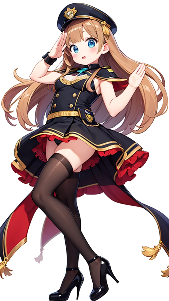 One female、Miniskirt Police、High heels、Enamel costume、salute、front、View here、White background、