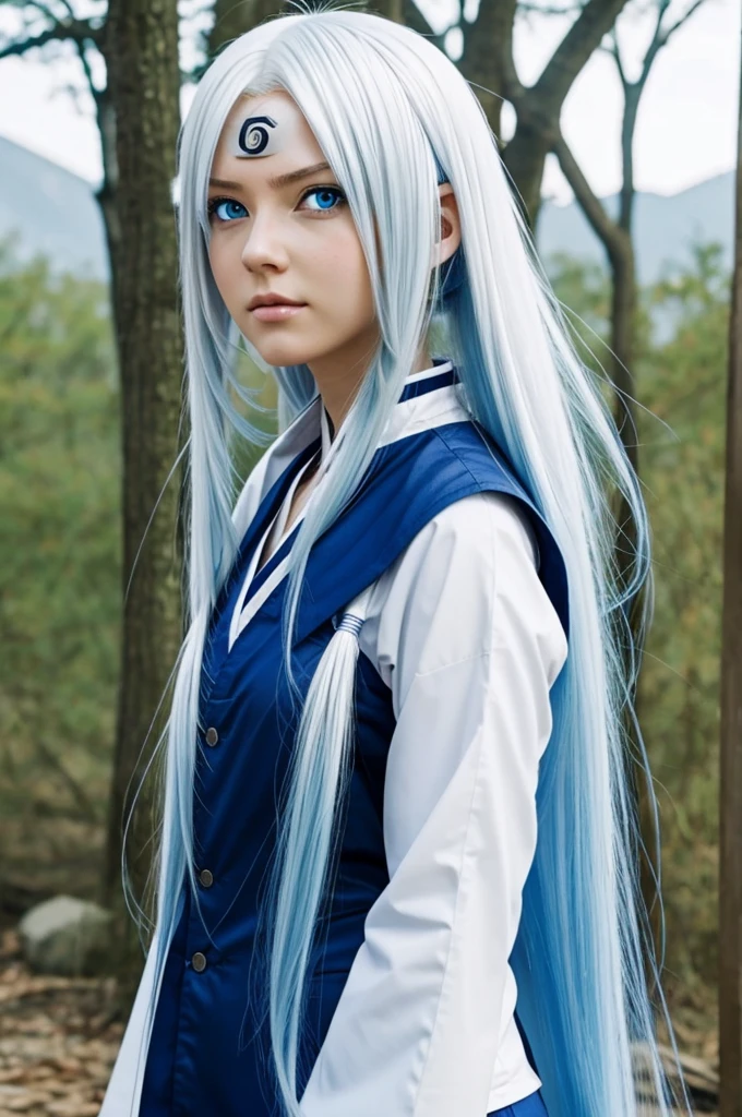 Screenshot of Naruto girl with long white hair and her blue eyes