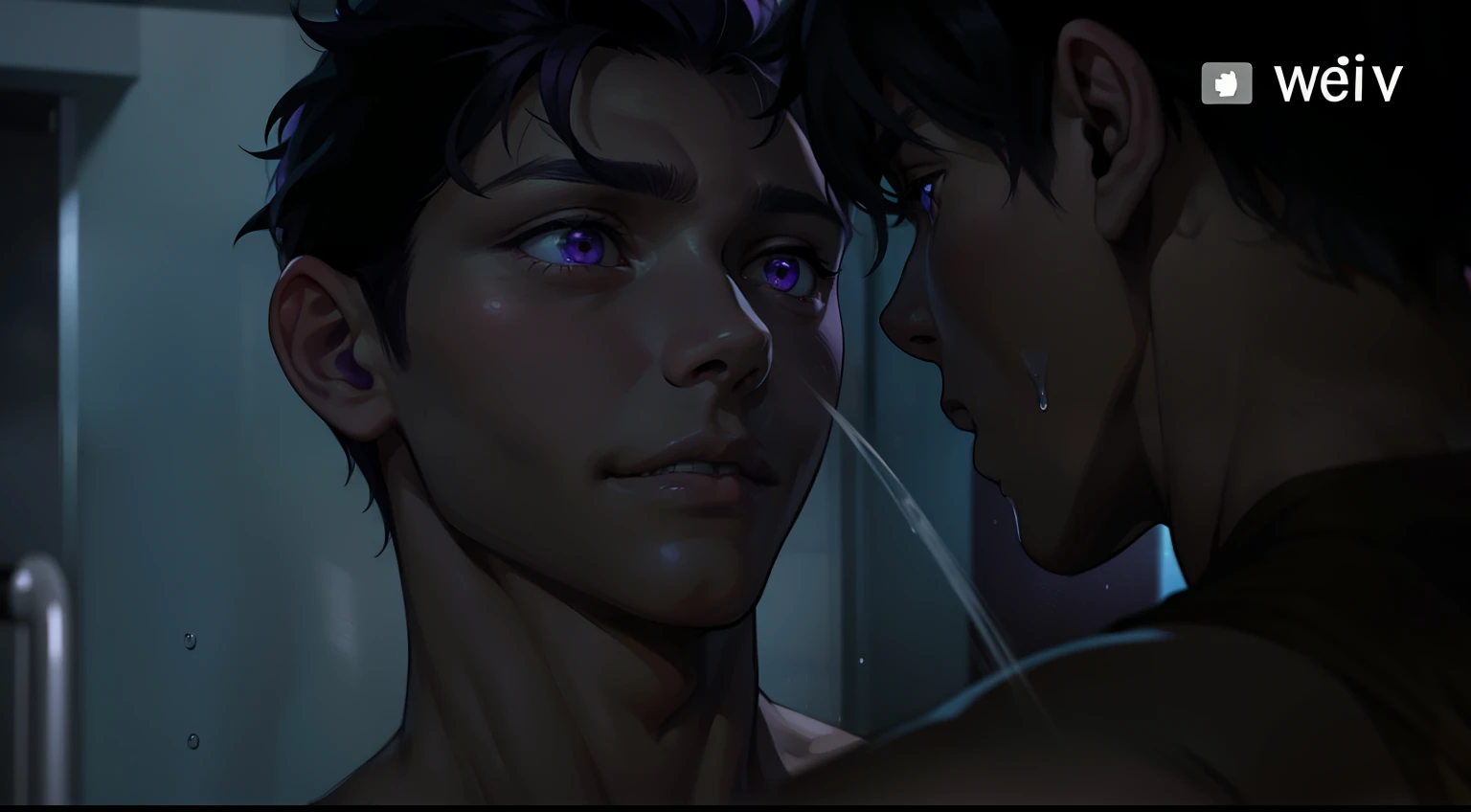 two young 16-year-old men, one cute young man with gray hair and purple hair, purple eyes, and the other with blue eyes, are in the shower without a shirt, looking at each other with desire and sensuality.