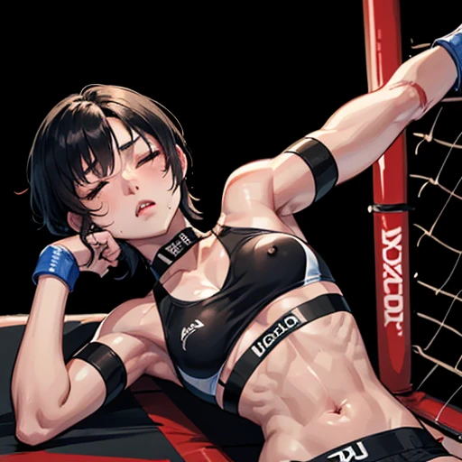 Bloody Beautiful young female mixed martial artist fighting in the octagon ring. she is lying face-up with her arms stretched out above her head. very Sweaty. Very weak。Covered in bruises. shortness of breath. Drooling. Short black hair. Open Finger Gloves. Erect nipples. Eyes closed. Sports Bra. High leg shorts.
