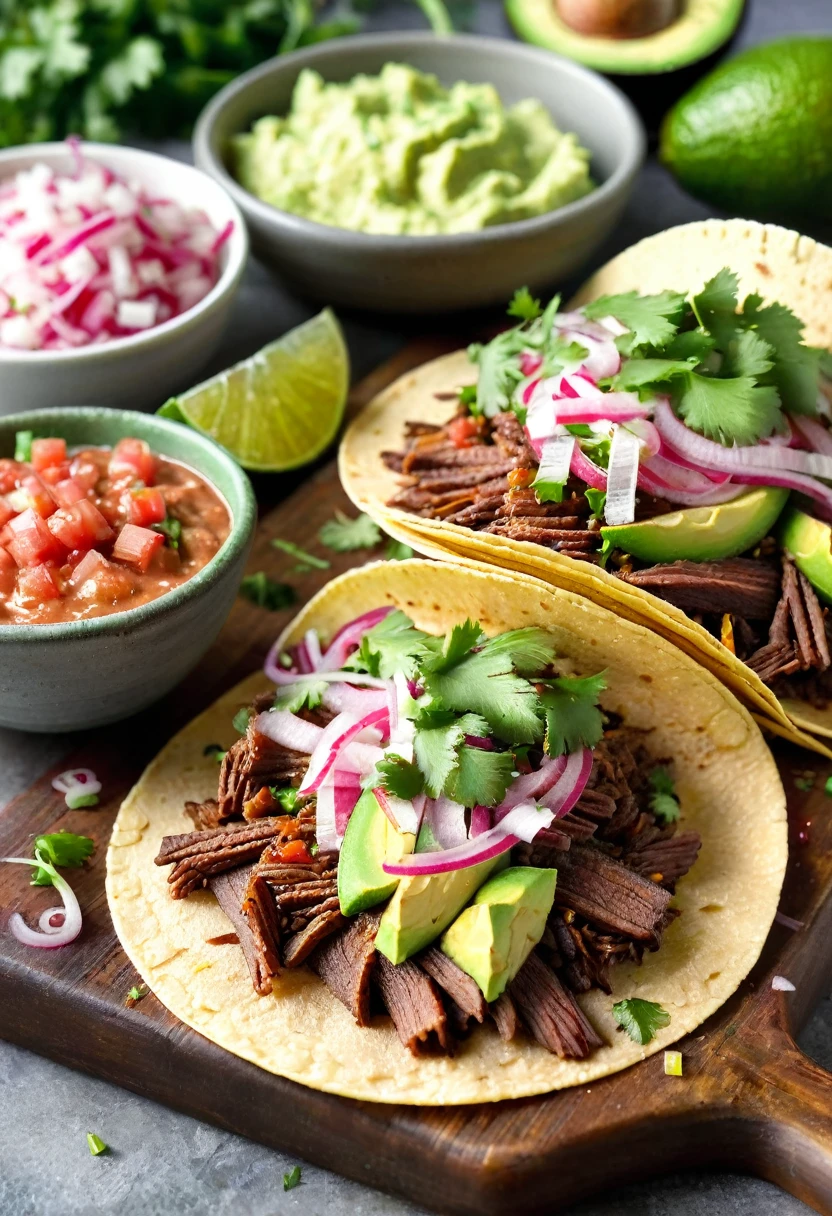 extremely close-up, mouth-watering display of a single taco on a rustic wooden board, the warm lightly toasted corn tortilla is filled with tender seasoned carne asada, topped with fresh colorful ingredients, Bright green slices of avocado, tangy pickled red onions, and a sprinkle of cotija cheese add texture and flavor, A drizzle of creamy chipotle sauce and a scattering of chopped cilantro ensemble, A lime wedge and a small bowl of spicy salsa are placed nearby, The background is a lively festive atmosphere,