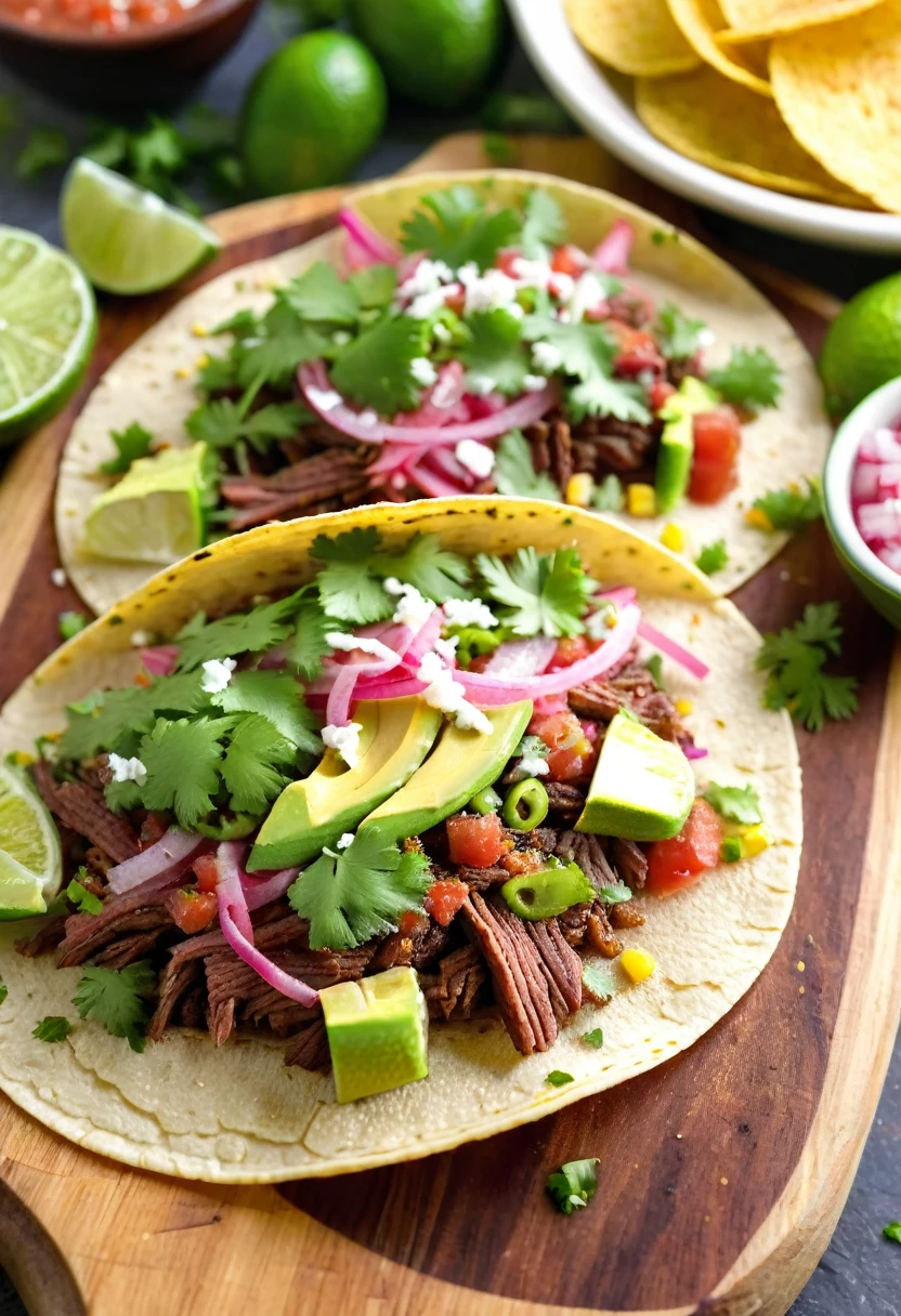 extremely close-up, mouth-watering display of a single taco on a rustic wooden board, the warm lightly toasted corn tortilla is filled with tender seasoned carne asada, topped with fresh colorful ingredients, Bright green slices of avocado, tangy pickled red onions, and a sprinkle of cotija cheese add texture and flavor, A drizzle of creamy chipotle sauce and a scattering of chopped cilantro ensemble, A lime wedge and a small bowl of spicy salsa are placed nearby, The background is a lively festive atmosphere,