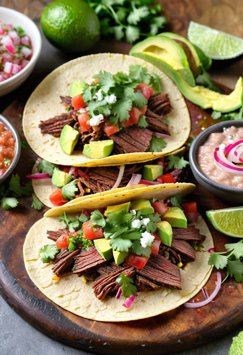 extremely close-up, mouth-watering display of a single taco on a rustic wooden board, the warm lightly toasted corn tortilla is filled with tender seasoned carne asada, topped with fresh colorful ingredients, Bright green slices of avocado, tangy pickled red onions, and a sprinkle of cotija cheese add texture and flavor, A drizzle of creamy chipotle sauce and a scattering of chopped cilantro ensemble, A lime wedge and a small bowl of spicy salsa are placed nearby, The background is a lively festive atmosphere, 