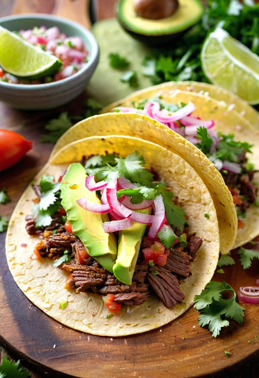 extremely close-up, mouth-watering display of a single taco on a rustic wooden board, the warm lightly toasted corn tortilla is filled with tender seasoned carne asada, topped with fresh colorful ingredients, Bright green slices of avocado, tangy pickled red onions, and a sprinkle of cotija cheese add texture and flavor, A drizzle of creamy chipotle sauce and a scattering of chopped cilantro ensemble, A lime wedge and a small bowl of spicy salsa are placed nearby, The background is a lively festive atmosphere,
