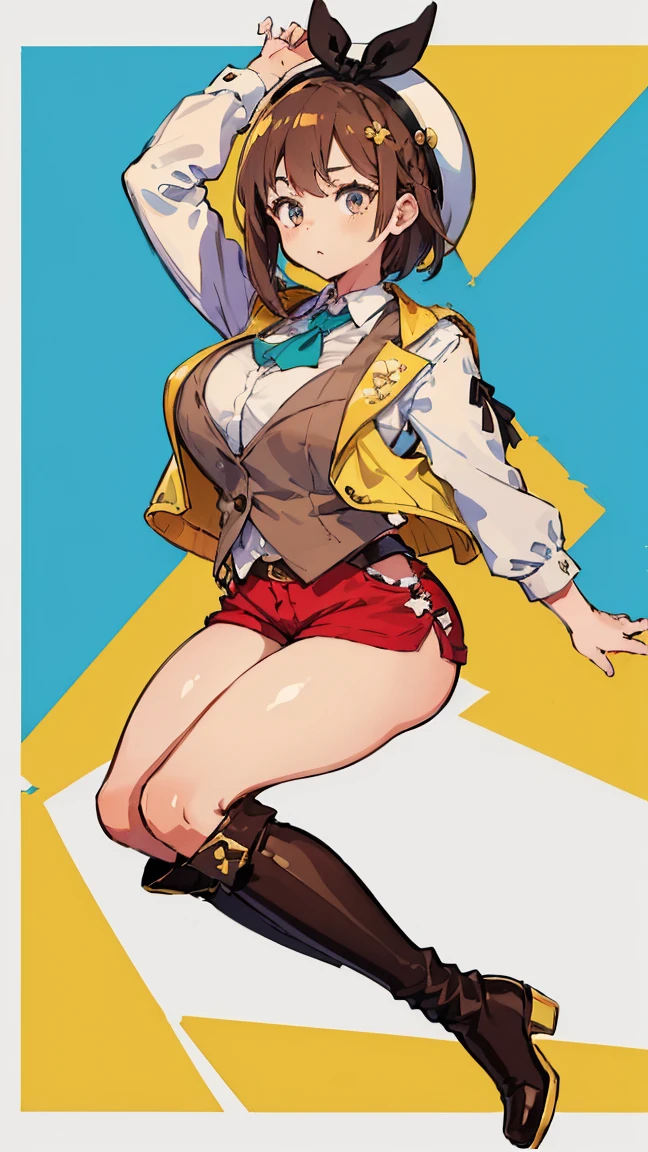(Highest quality, 8K, masterpiece :1.3),Lizaリン・シュタウト(Lizaのアトリエ),Liza,Plump, One woman,Large Breasts,short hair,Brown Hair,hair band,Clothing,hat,White shirt,Yellow and white vest,Red shorts,Brown long boots,Full Nelson