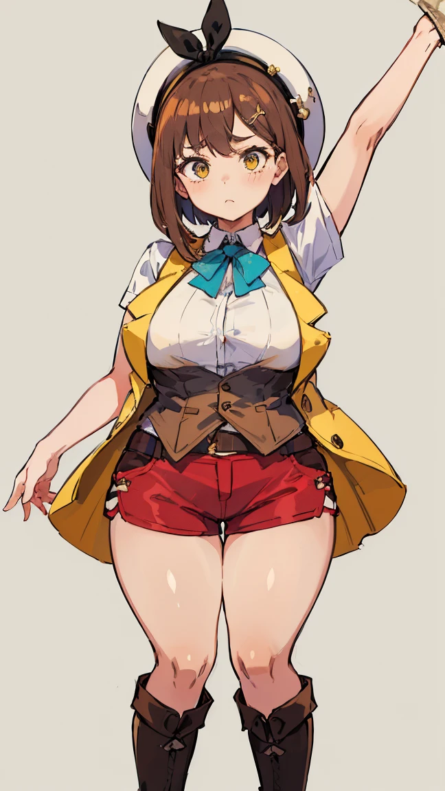 (Highest quality, 8K, masterpiece :1.3),Lizaリン・シュタウト(Lizaのアトリエ),Liza,Plump, One woman,Large Breasts,short hair,Brown Hair,hair band,Clothing,hat,White shirt,Yellow and white vest,Red shorts,Brown long boots,Full Nelson