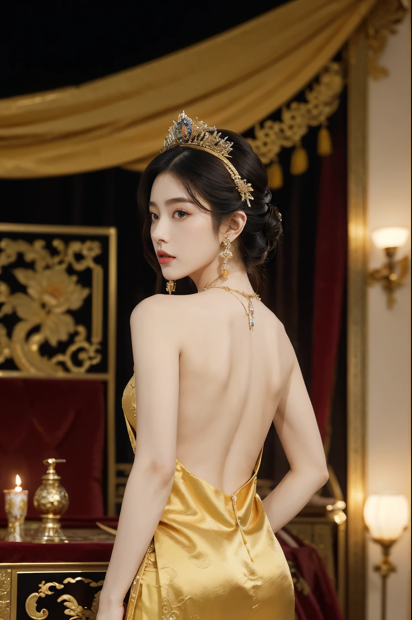 (((best quality))),(((ultra detailed))),(((masterpiece))),illustration,1 girl,solo,slim,thin,shoulder length straight bob hair,earrings,necklace,Asian appearance,princess,royal,Chinese palace,night scene,magnificent dragon gown,golden crown,intricate embroidery,luxurious fabric,precious stones,metallic throne,decorative patterns,rich decorations,luxurious furnishings,regal charm,beautiful face,gentle smile,bright eyes,historical,traditional,city lights,modernity,frozen moment,beauty of the past,evolution of time,from back,upper body,standing,((bare back,towering hips,butt crack))