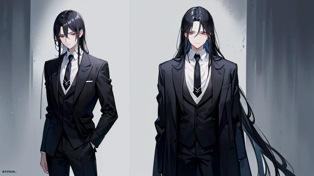 Medium length man, Black Hair. His hair is parted in the middle、Maintained. He is wearing all-black formal clothing.. He has a confident look、Looks intelligent. His eyes are red. He's thin and tall. He&#39;s in the underworld, Surrounded by demons and skulls.