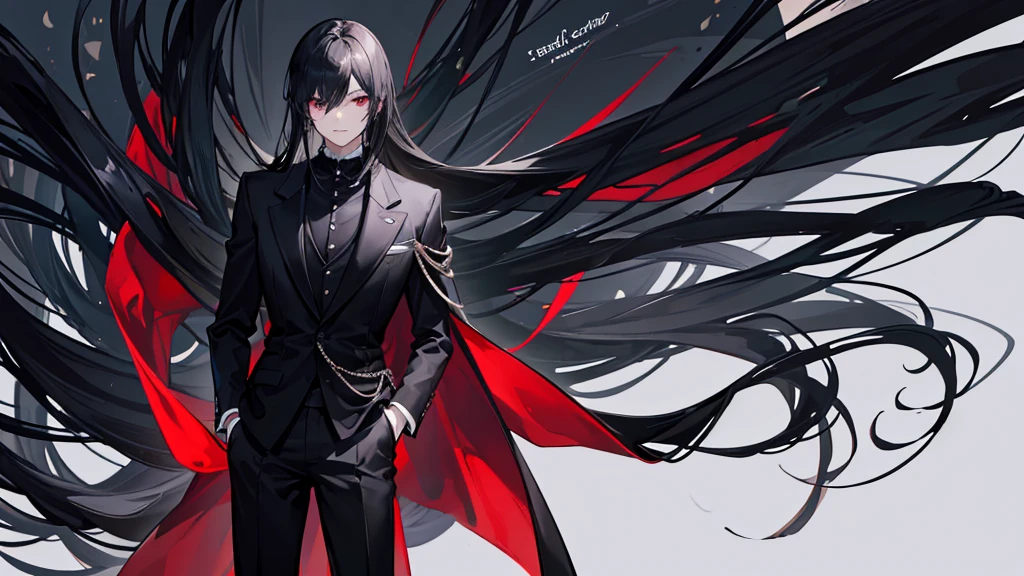 Medium length man, Black Hair. His hair is parted in the middle、Maintained. He is wearing all-black formal clothing.. He has a confident look、Looks intelligent. His eyes are red. He's thin and tall. He's in the underworld, Surrounded by demons and skulls.